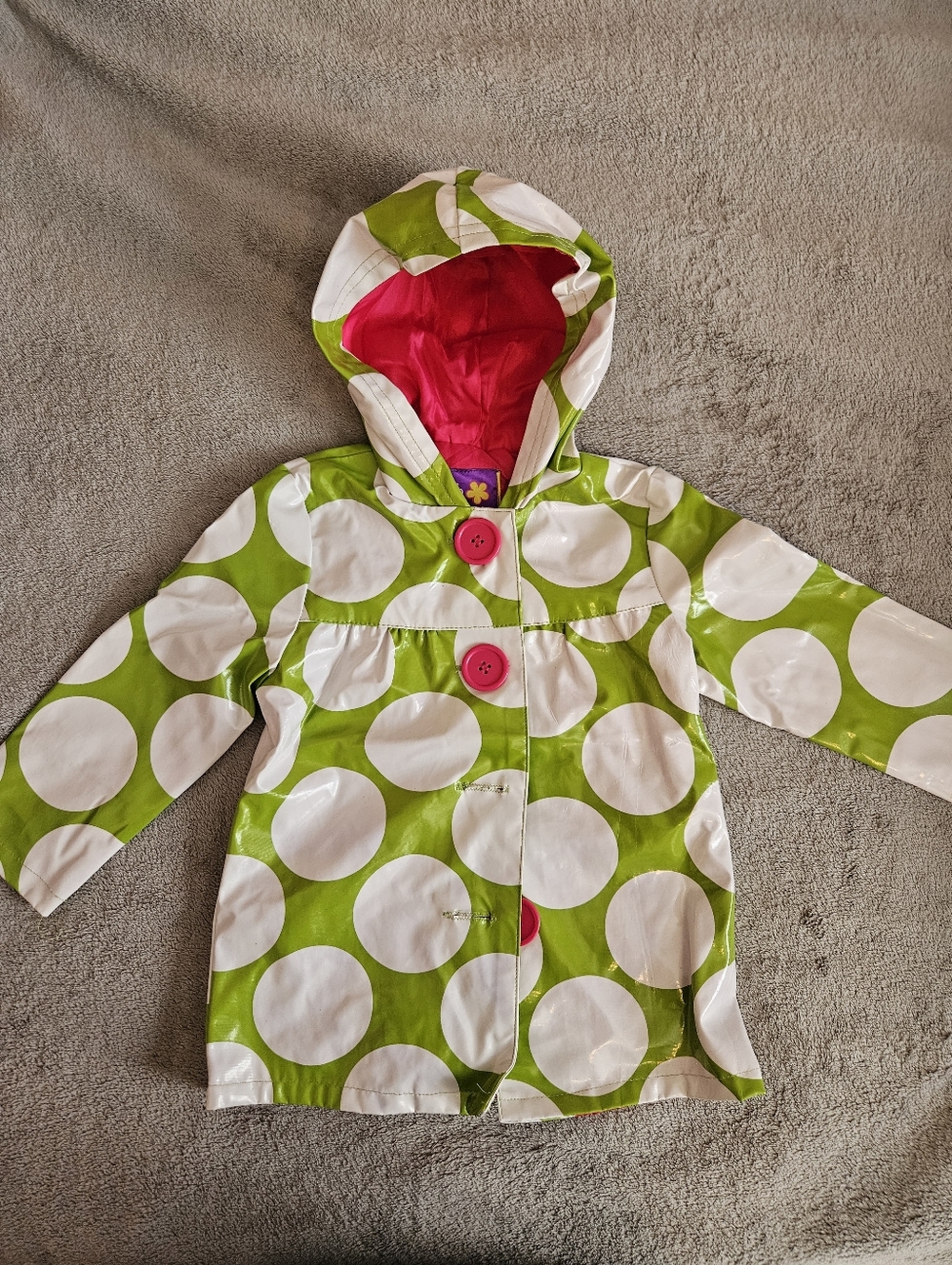 Green and White Polka Dot Raincoat with Pink Lining 2T